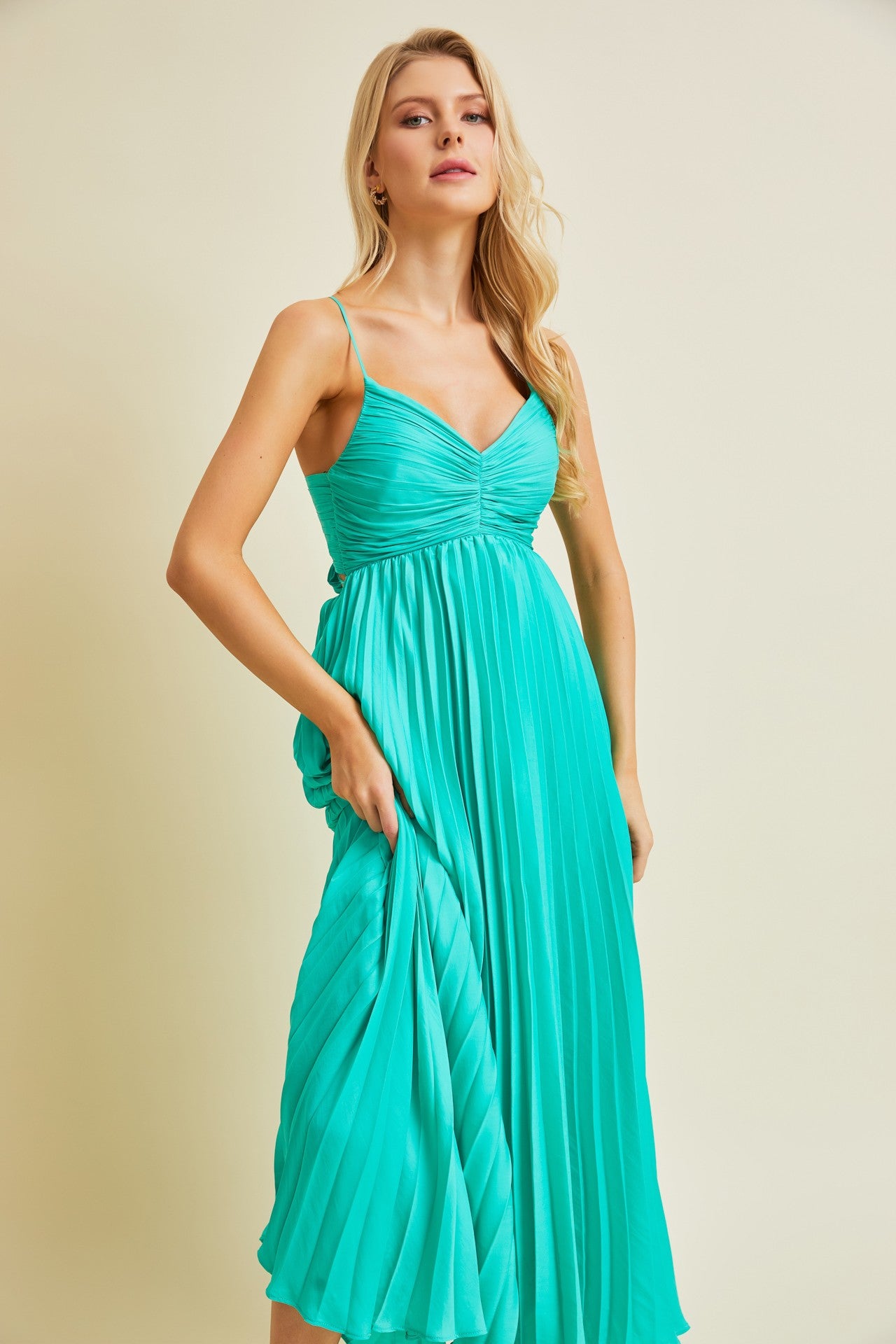 Turquoise Pleated Back Cutout Tie Maxi Dress