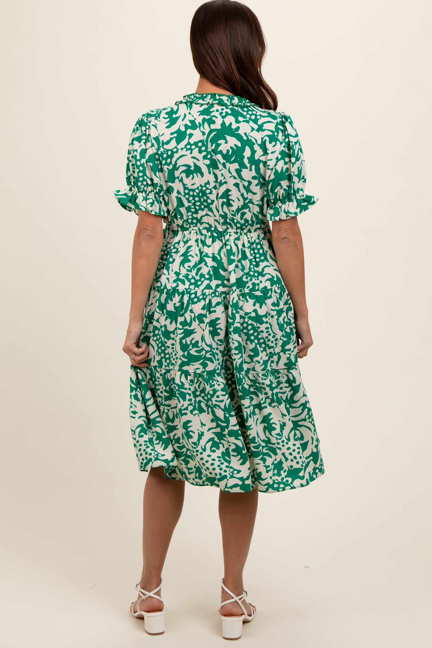 Green Ruffle Trim Tiered Maternity Dress