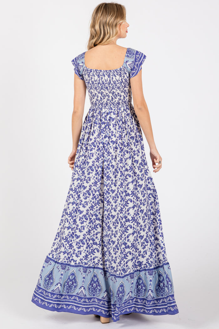Blue Floral Off Shoulder Maxi Dress