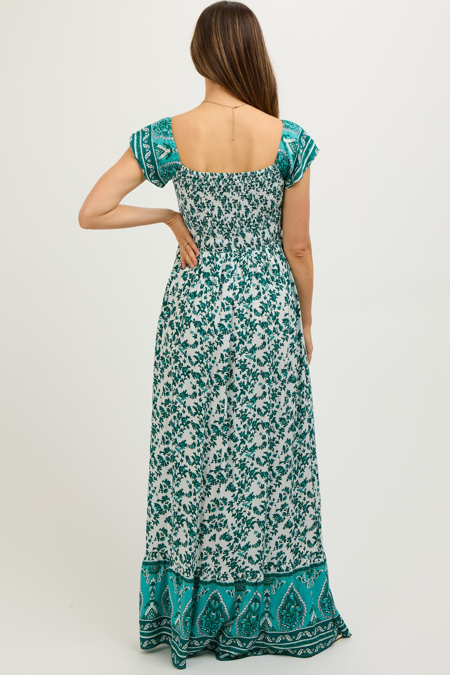 Green Floral Off Shoulder Smocked Maternity Maxi Dress