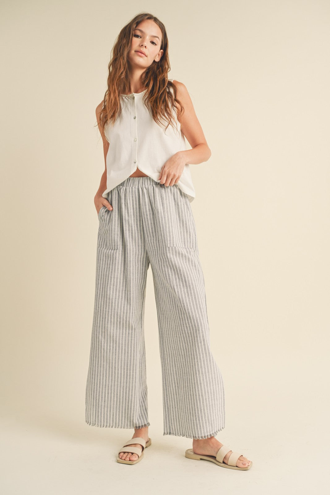 Heather Grey Striped Linen Slit Hem Maternity Pants