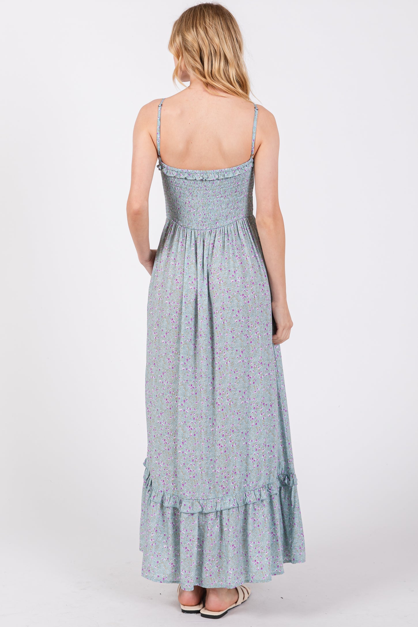 Light Blue Floral Ruffle Square Neck Smocked Waist Maxi Dress