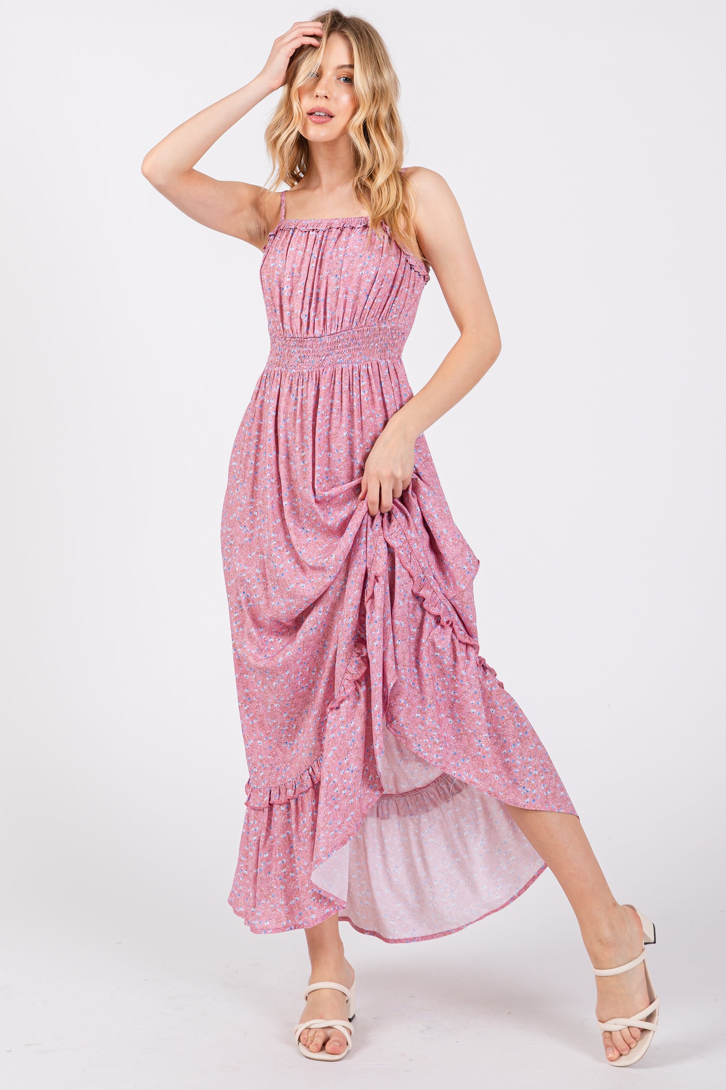 Pink Floral Ruffle Square Neck Smocked Waist Maxi Dress