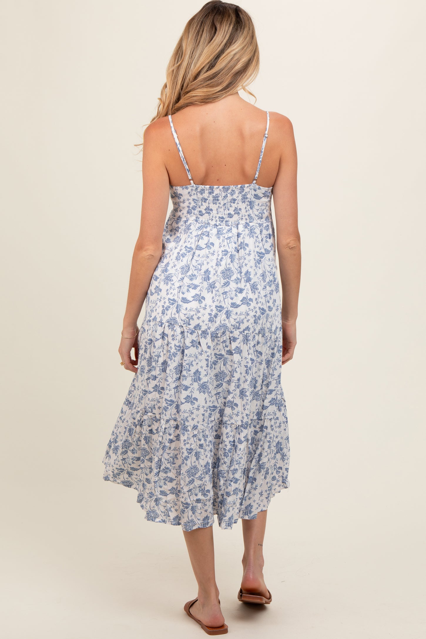 Blue Floral Sleeveless Tiered Maternity Midi Dress