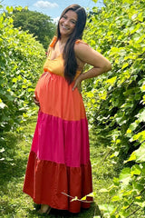Orange Colorblock Tiered Ruffle Strap Maternity Maxi Dress