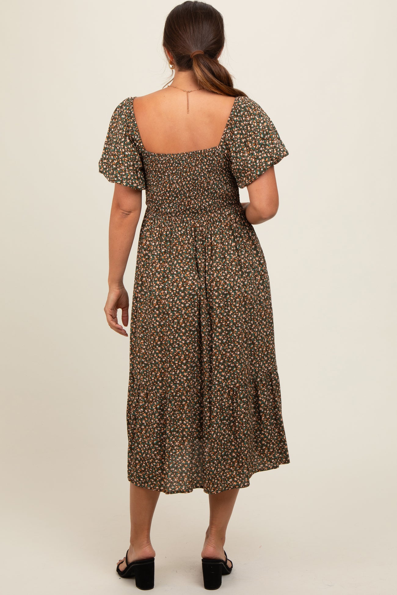 Olive Floral Smocked Maternity Midi Dress