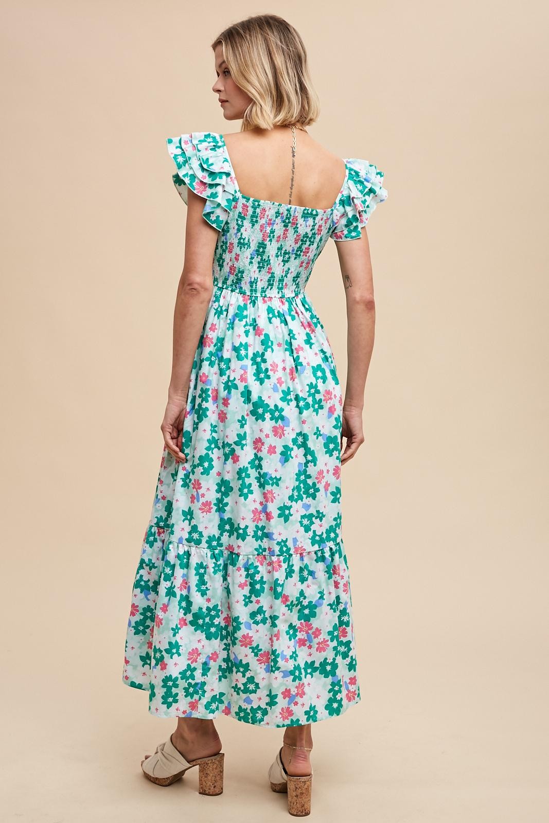 Green Floral Smocked Ruffle Sleeve Maxi Dress