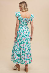 Green Floral Smocked Ruffle Sleeve Maxi Dress