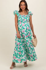Green Floral Smocked Ruffle Sleeve Maternity Maxi Dress