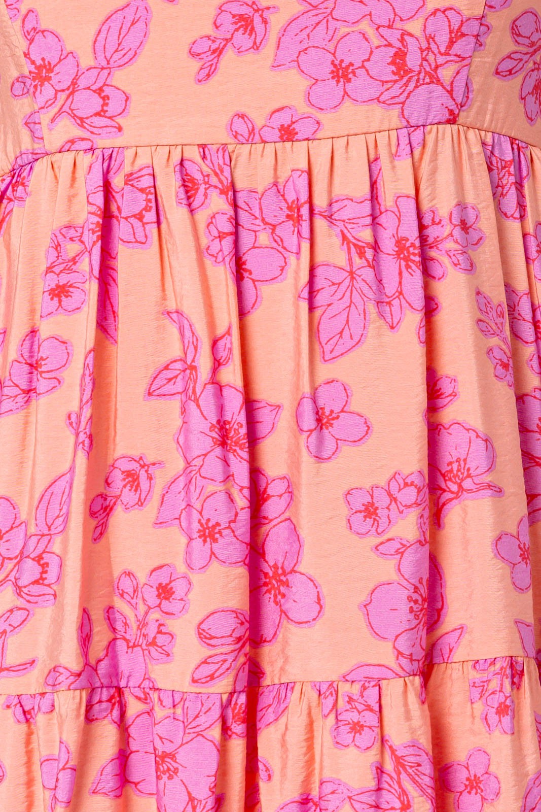 pink floral print sleeveless dress with a tiered skirt and a relaxed fit