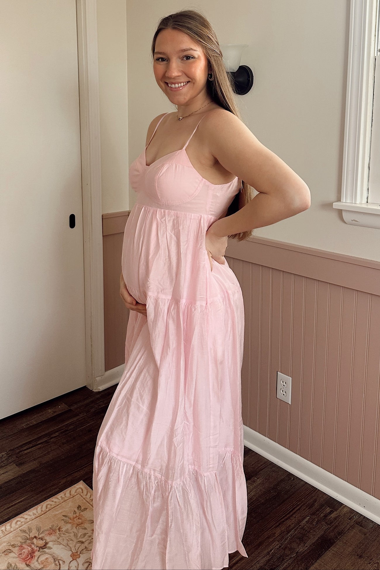 Light Pink Sleeveless Tiered Maternity Maxi Dress