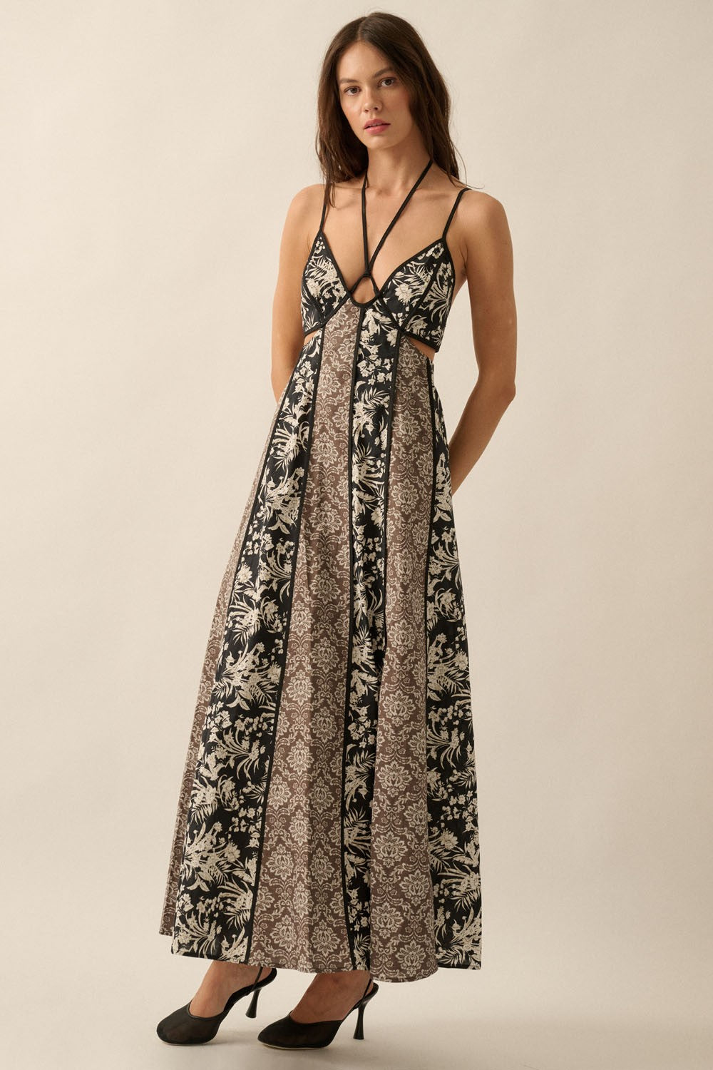 Black Floral Colorblock Cutout Open Back Maternity Maxi Dress