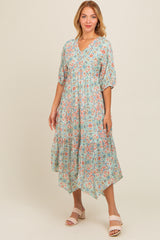 Mint Green Floral Border Print V-Neck Tiered Midi Dress