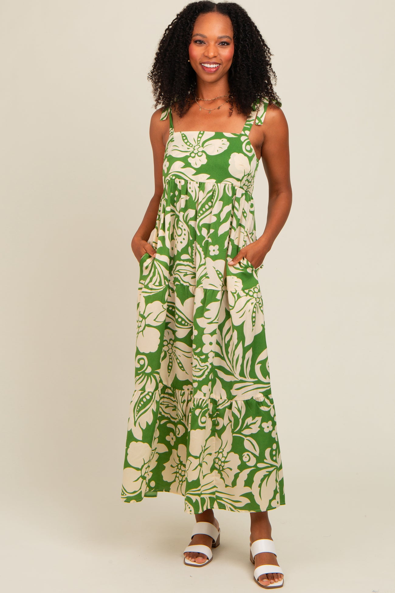 Green Tropical Floral Shoulder Tie Tiered Maternity Midi Dress