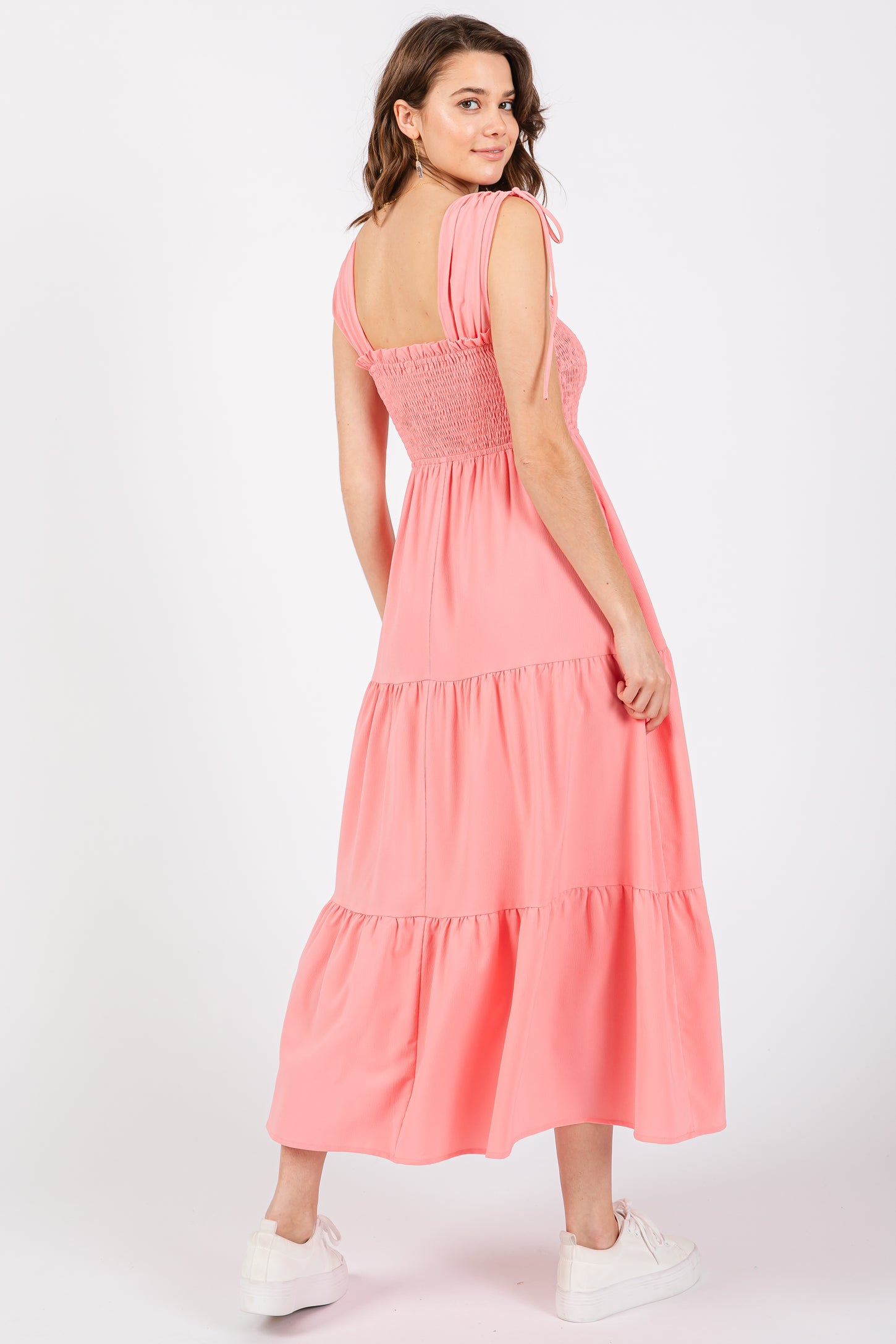 Coral Smocked Sleeveless Drawstring Shoulder Tiered Midi Dress