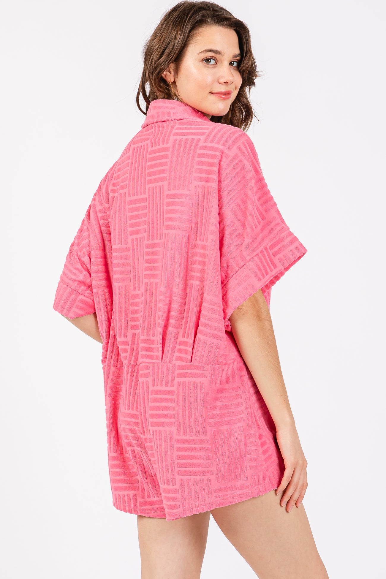 Fuchsia Textured Button Front Short Sleeve Romper
