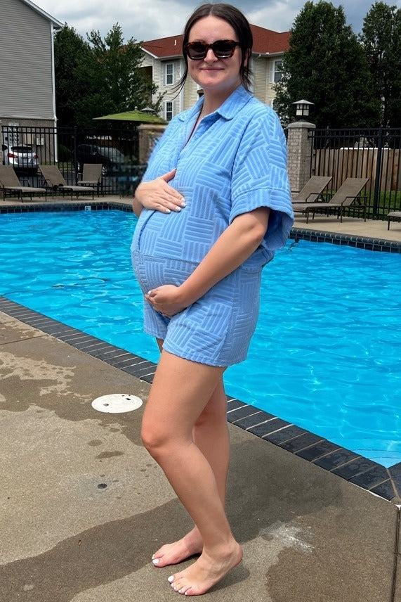 Light Blue Textured Button Front Short Sleeve Maternity Romper