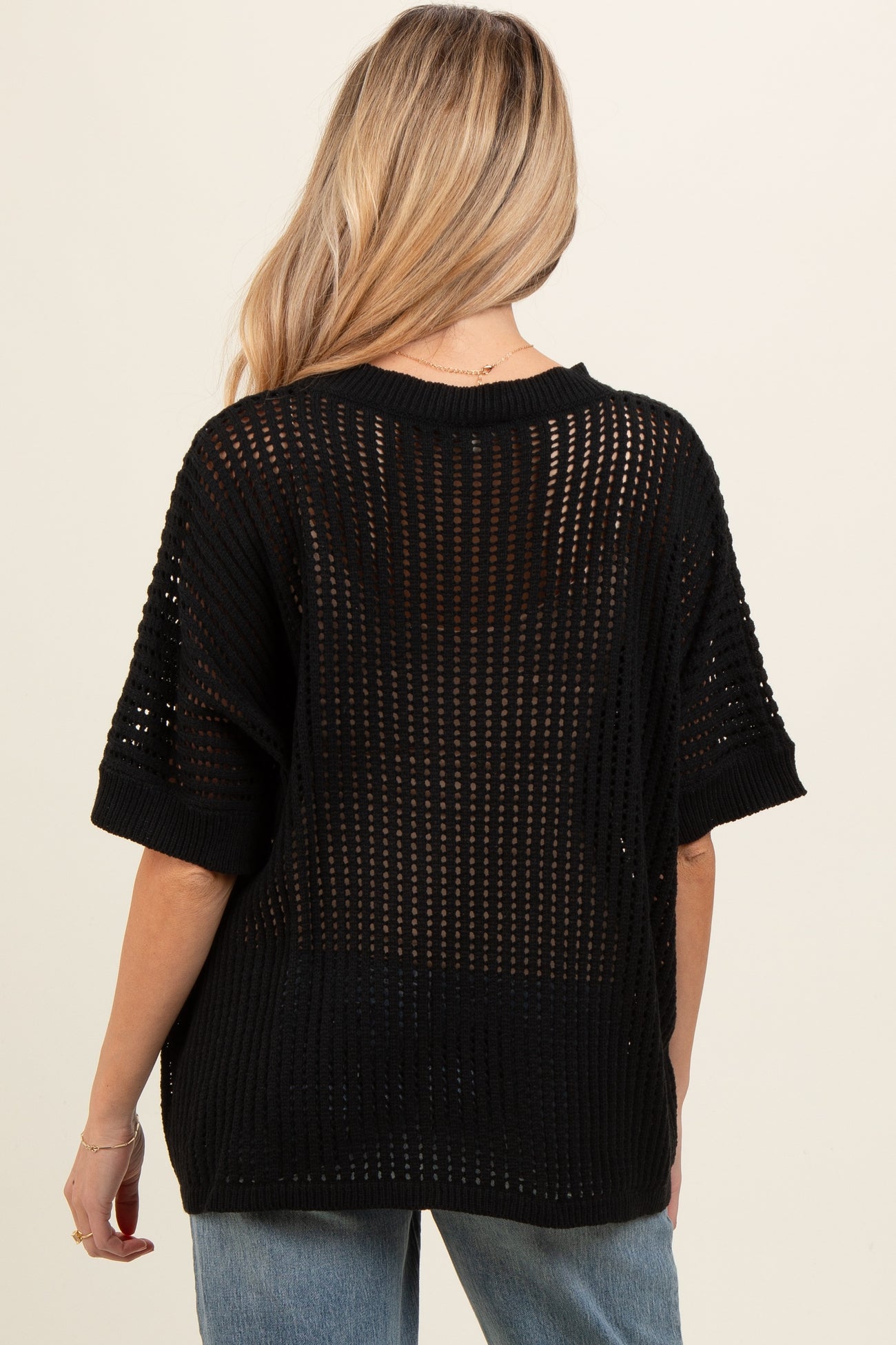 Black Crochet Knit Short Dolman Sleeve Maternity Top