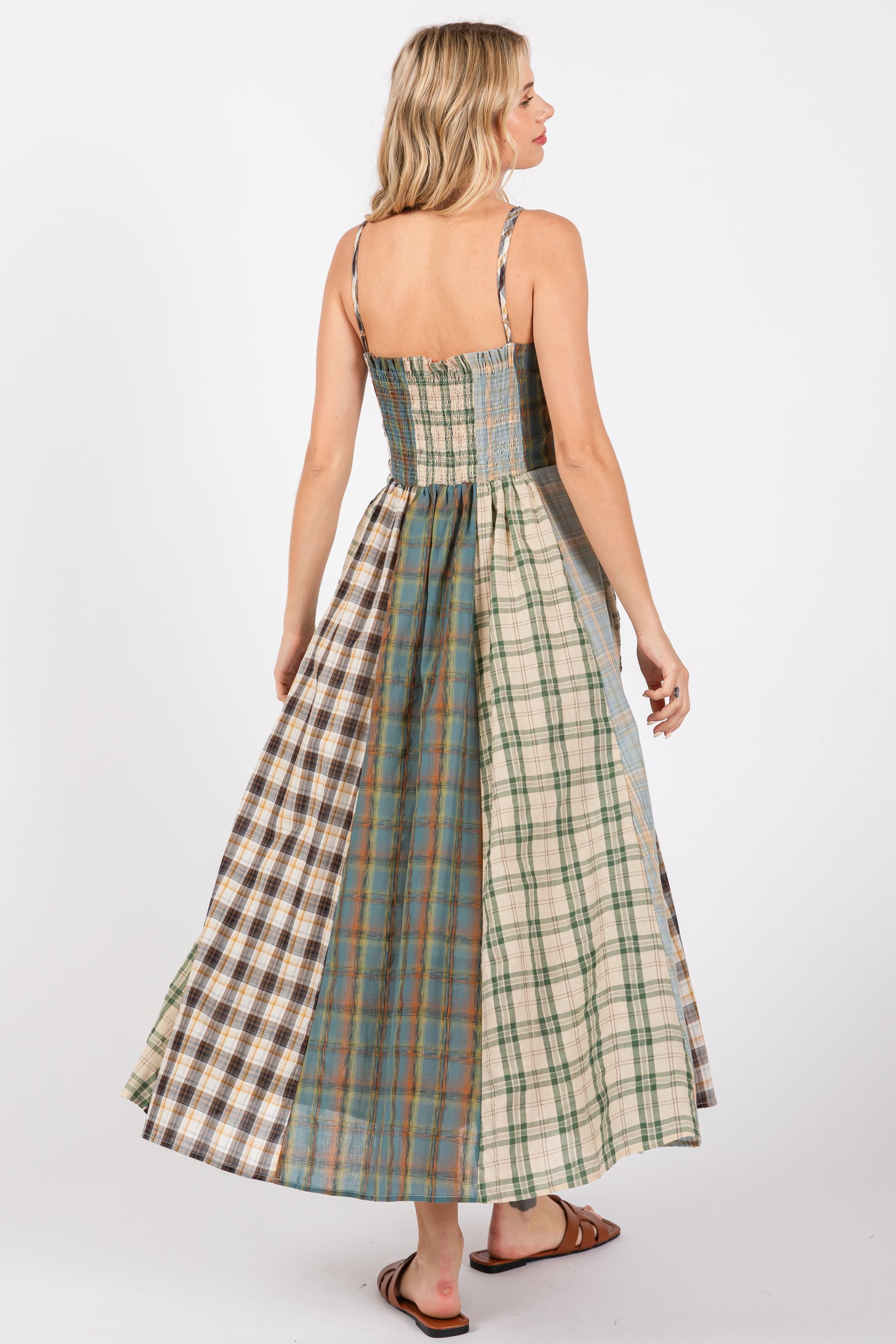 Light Olive Mixed Plaid Maxi Dress