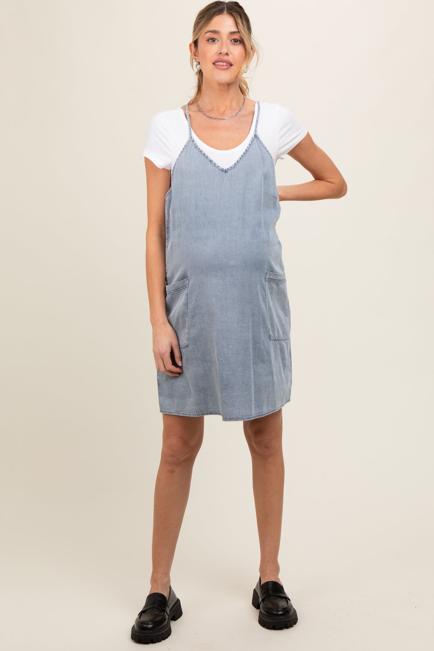Blue Chambray Front Pocket Maternity Dress