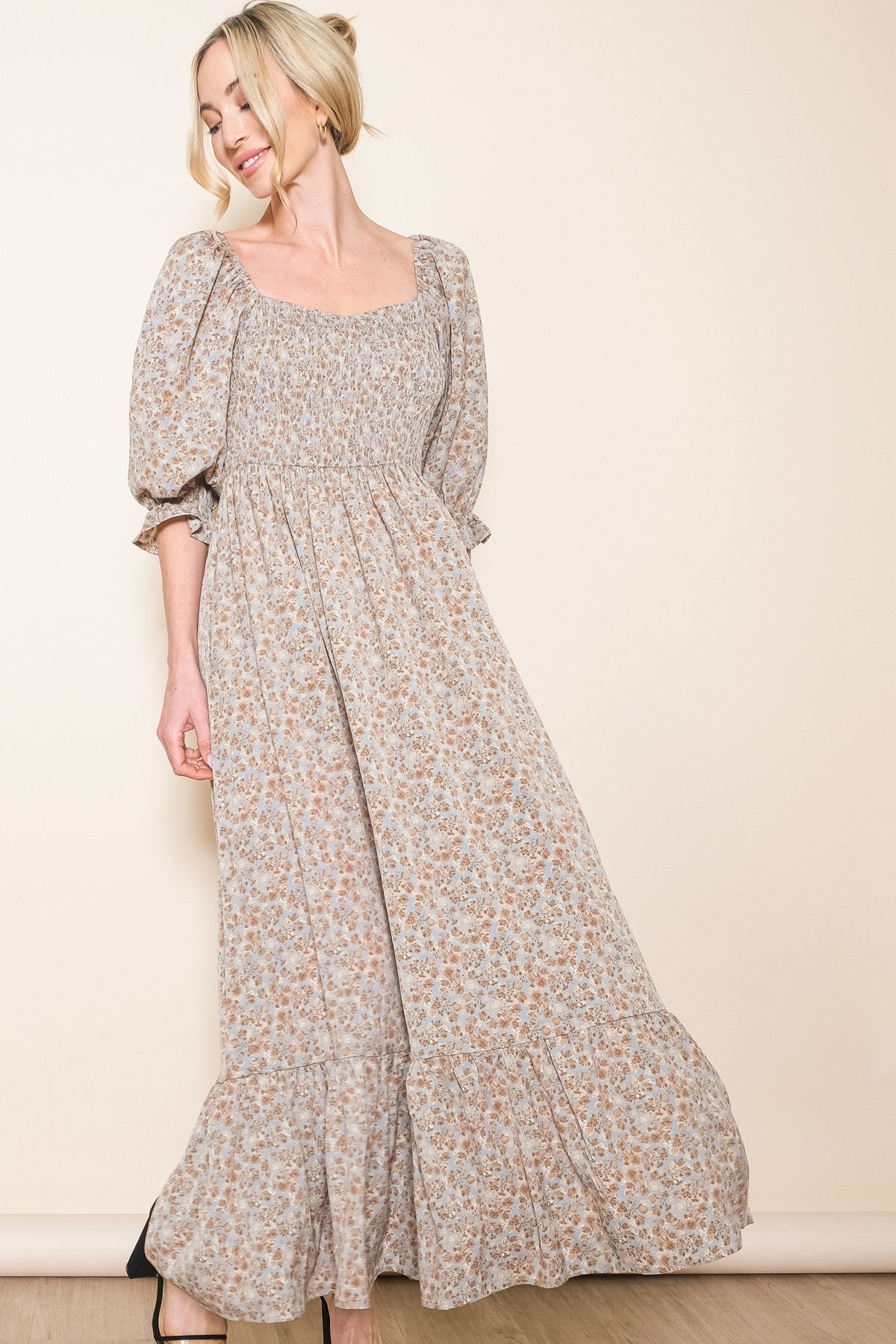 Light Blue Sweetheart Neck Smocked Ruffle Hem Maternity Maxi Dress