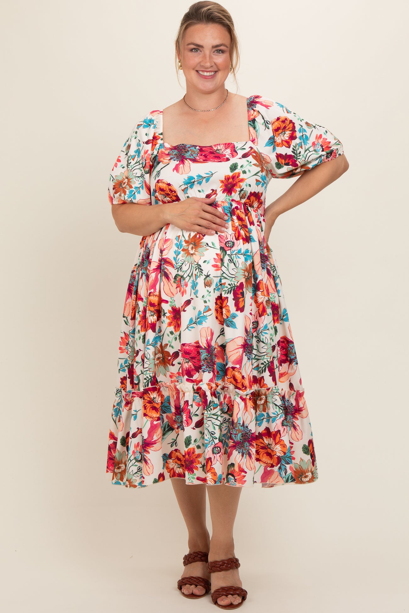 Cream Floral Puff Sleeve Maternity Midi Dress