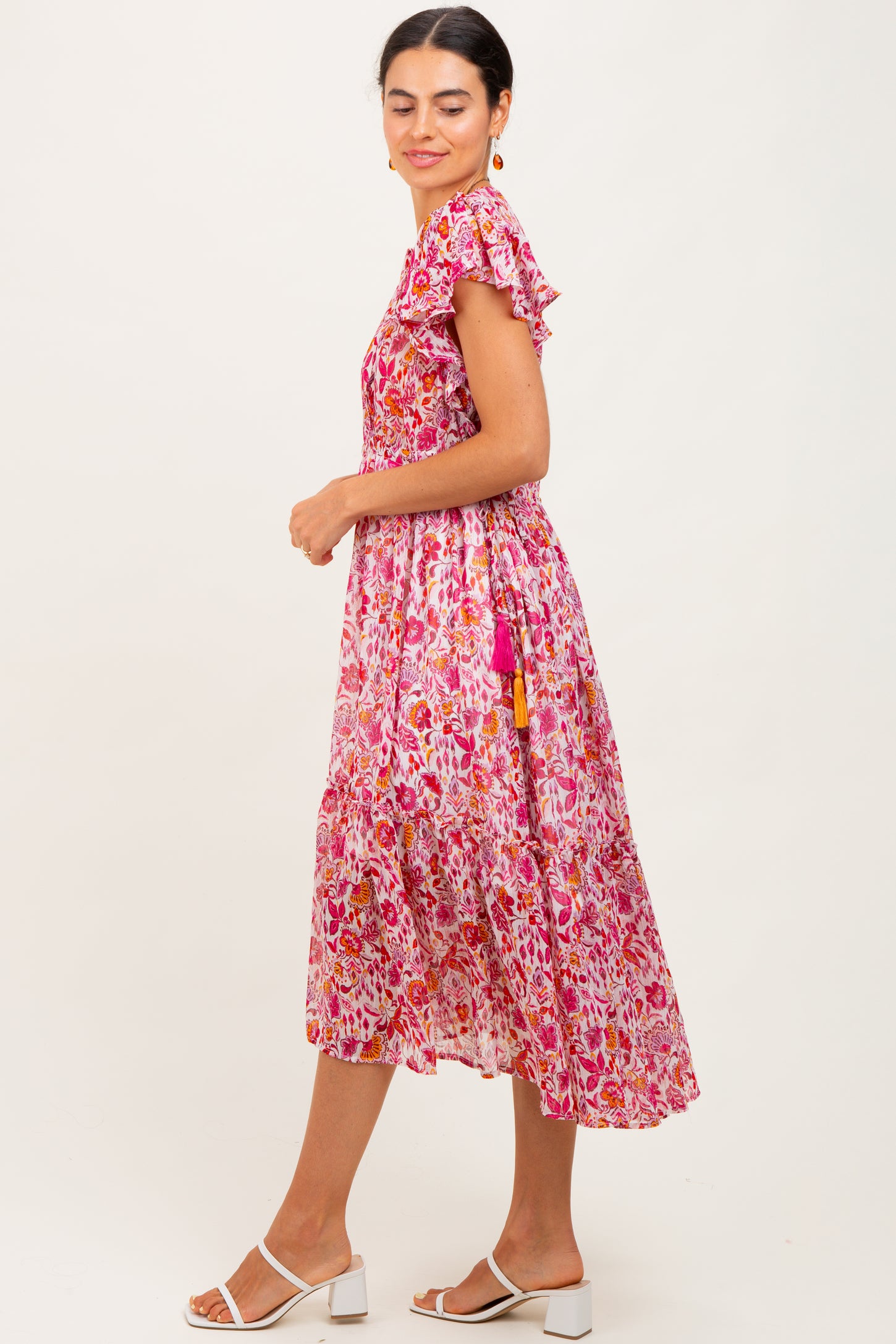 Pink Floral Chiffon Flutter Sleeve Ruffle Hem Midi Dress