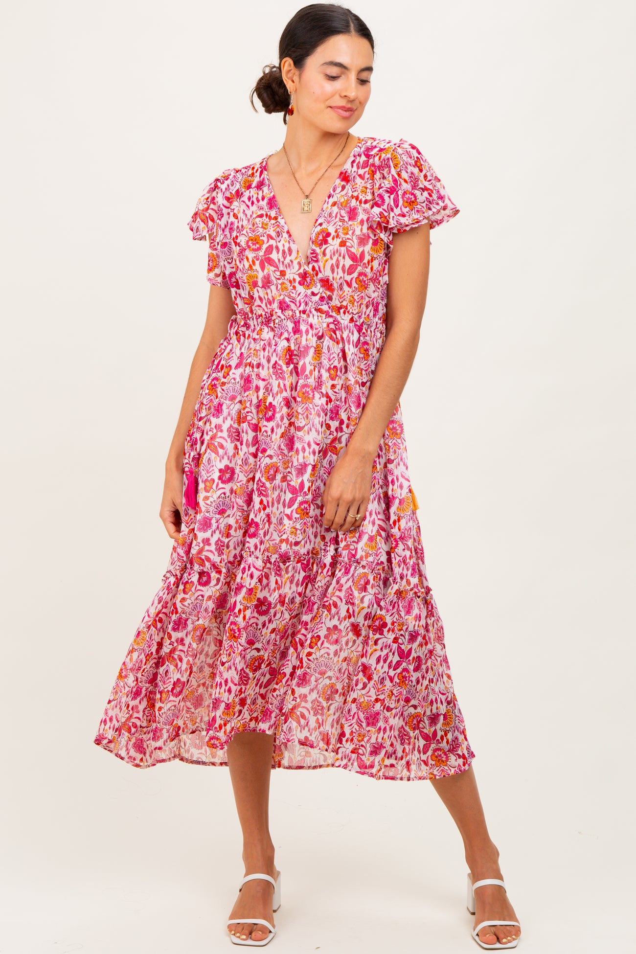 Pink Floral Chiffon Flutter Sleeve Ruffle Hem Midi Dress