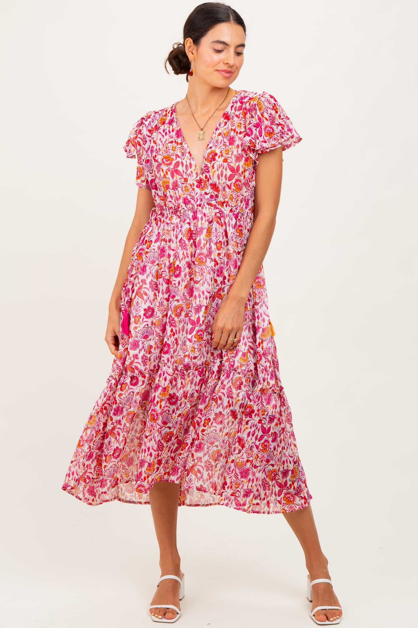 Pink Floral Chiffon Flutter Sleeve Ruffle Hem Midi Dress