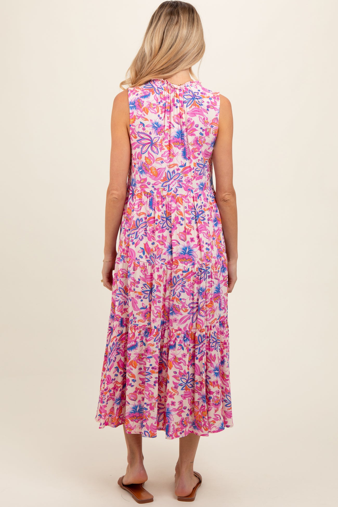 Magenta Floral Ruffle Mock Neck Tiered Sleeveless Maternity Midi Dress