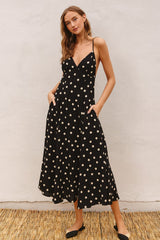 Black Polka Dot Lace Up Button Back Midi Dress