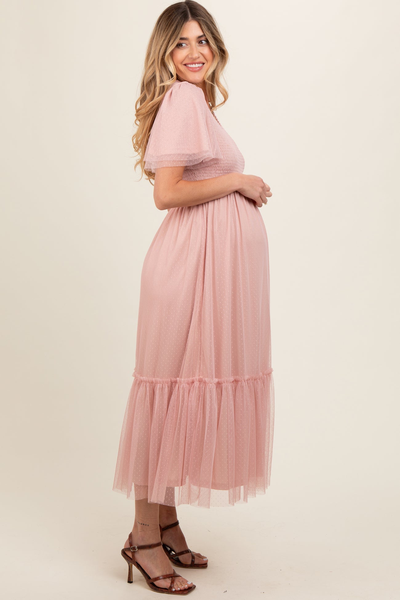 Light Pink Mesh Smocked Maternity Midi Dress