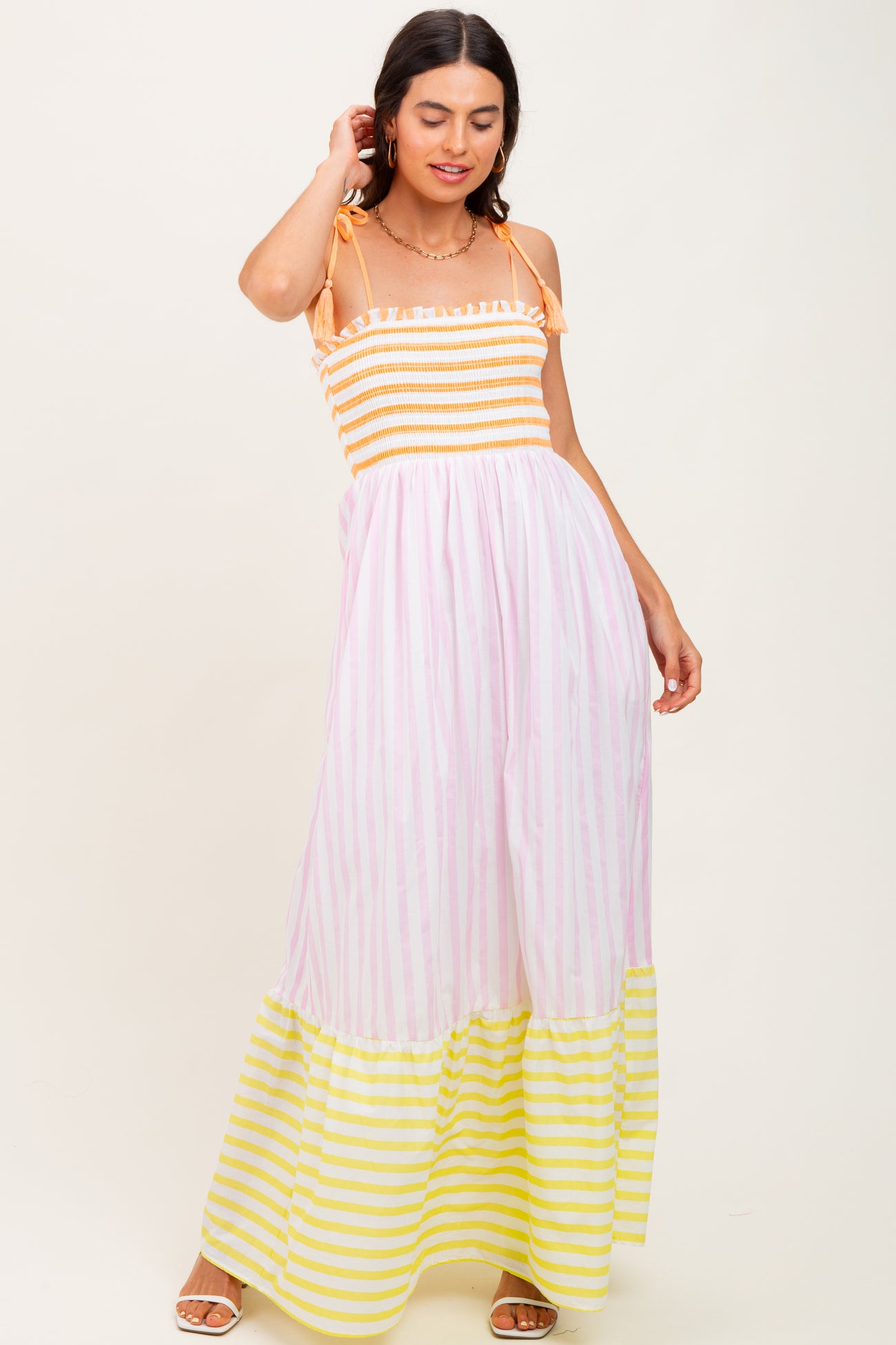 Multi-Color Striped Color Block Shoulder Tie Maternity Maxi Dress