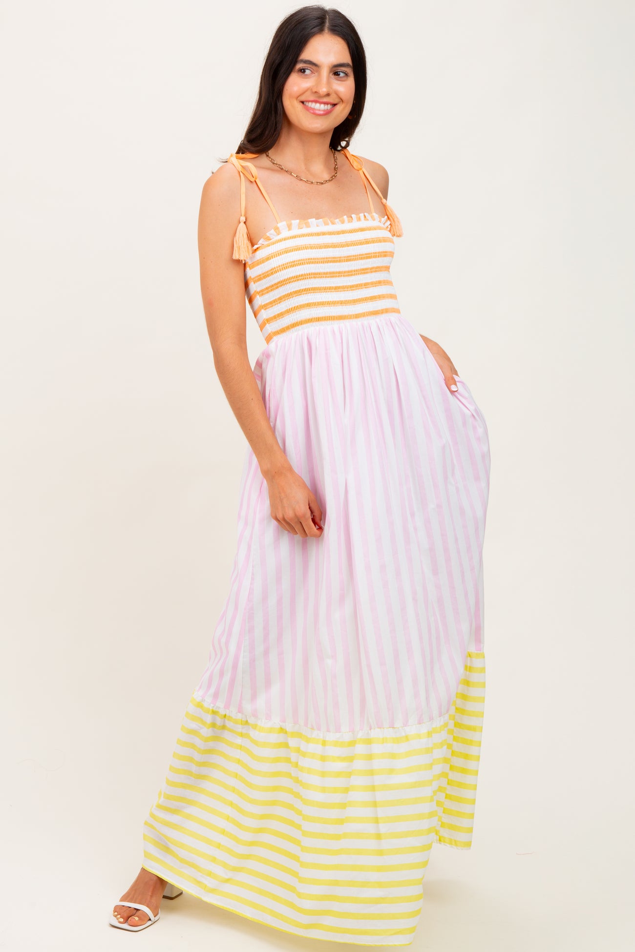 Multi-Color Striped Color Block Shoulder Tie Maxi Dress