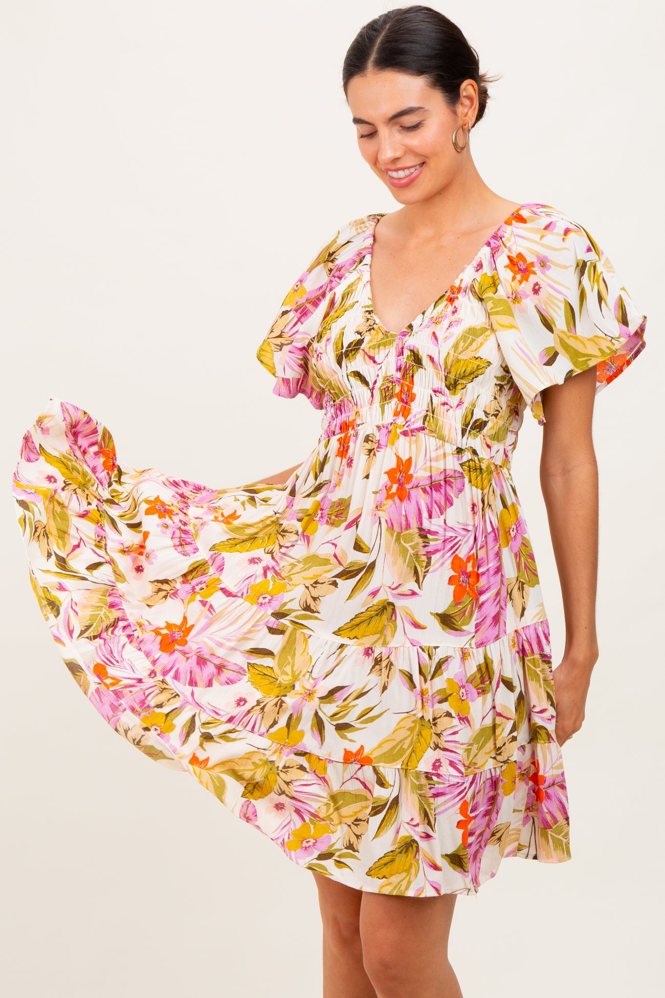 Ivory Floral Smocked Front Tiered Dress