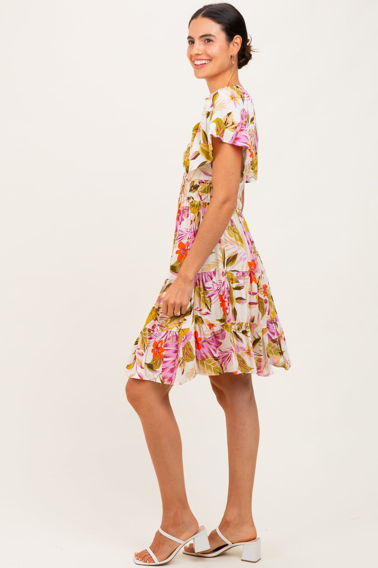 Ivory Floral Smocked Front Tiered Dress