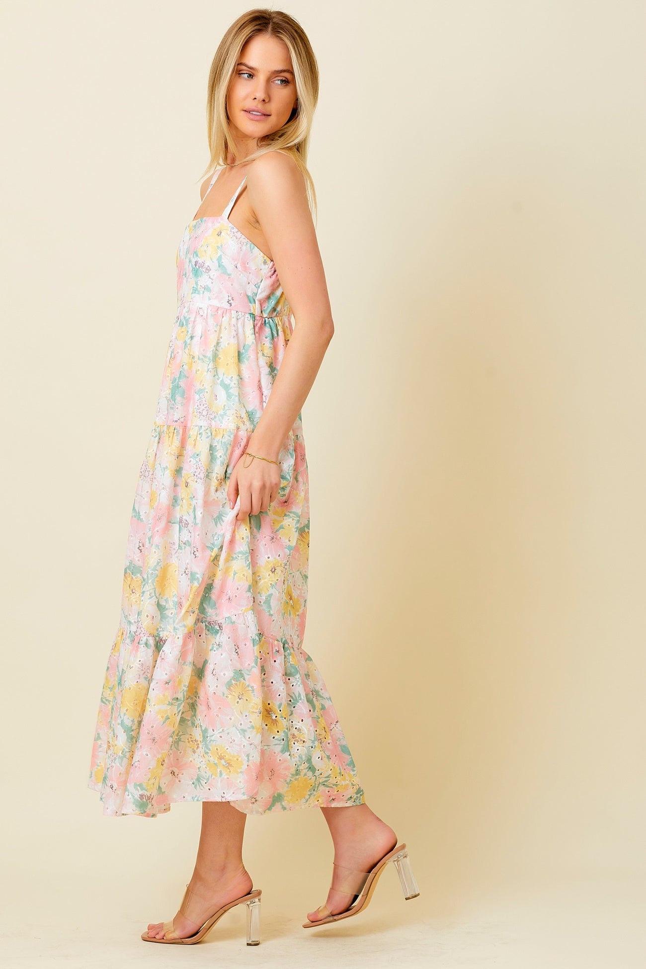 Multi-Color Floral Eyelet Square Neck Midi Dress