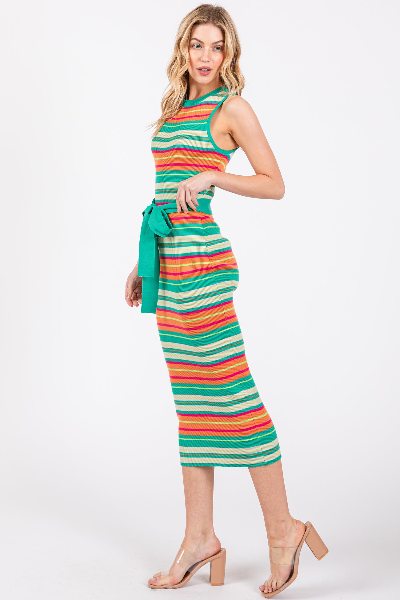 Mint Green Striped Tie Waist Sleeveless Midi Dress
