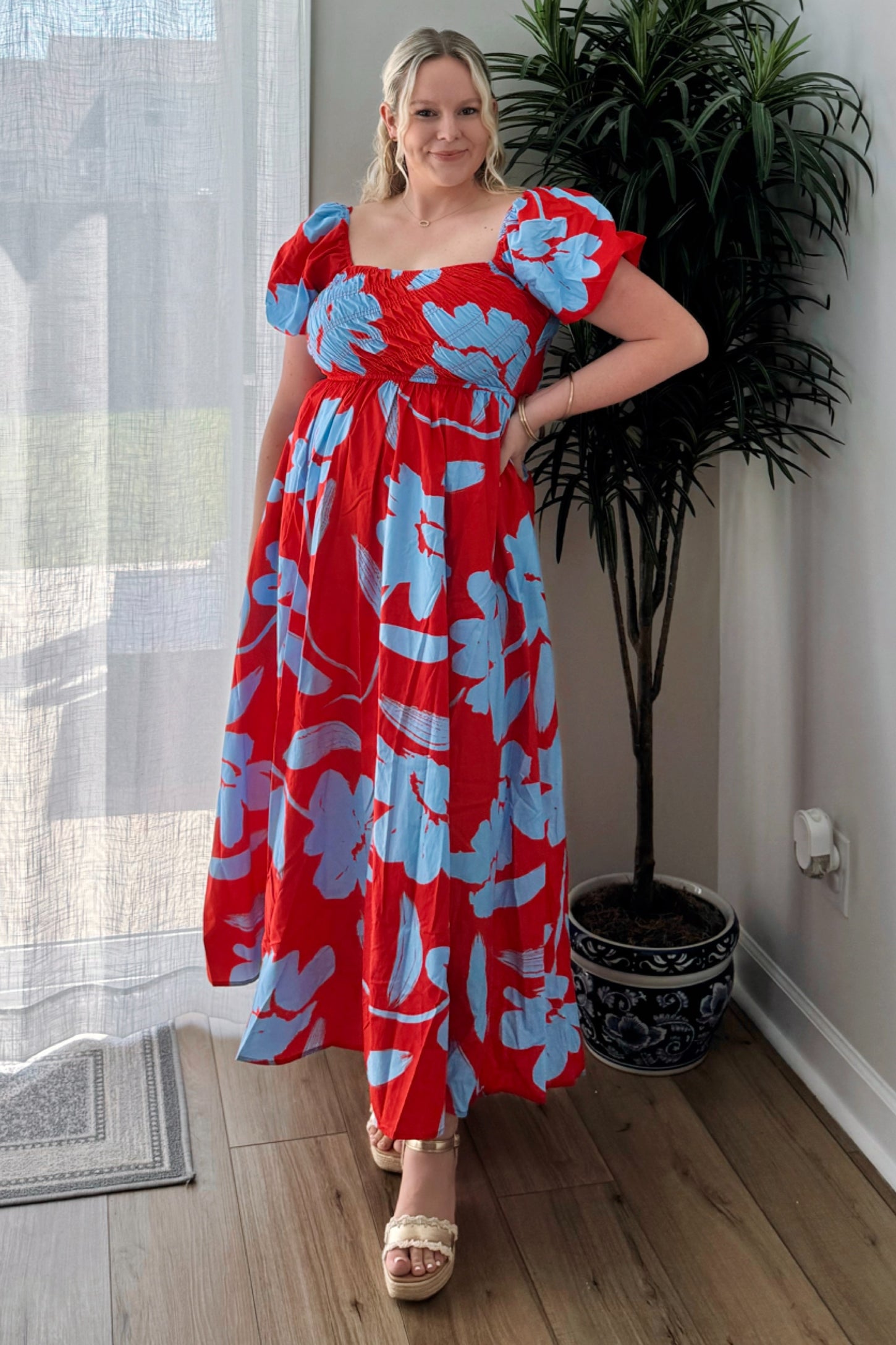Red Floral Print Bias Smocked Bust Maxi Dress