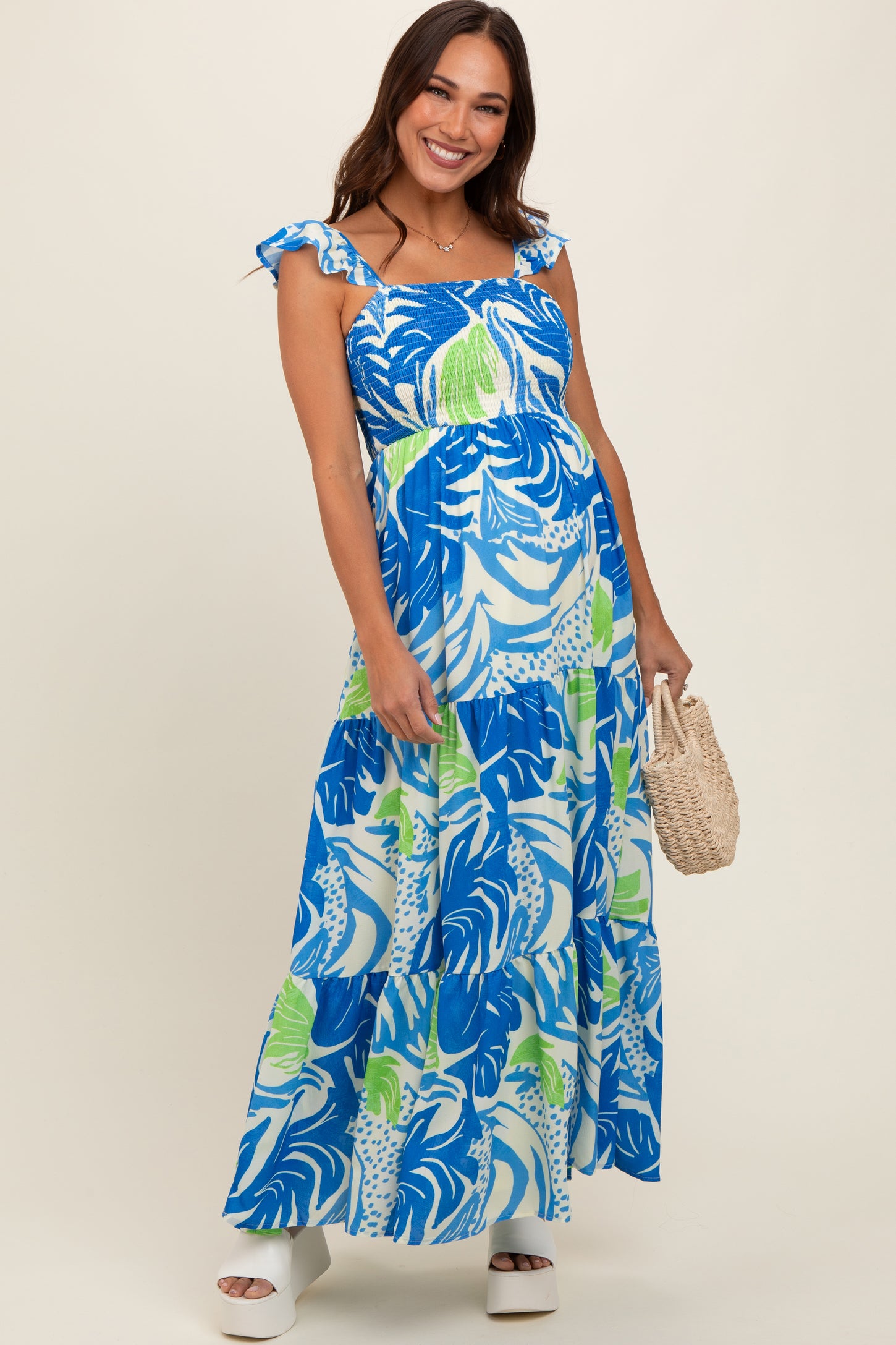 Blue Leaf Print Smocked Maternity Maxi Dress