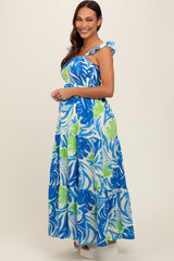 Blue Leaf Print Smocked Maternity Maxi Dress
