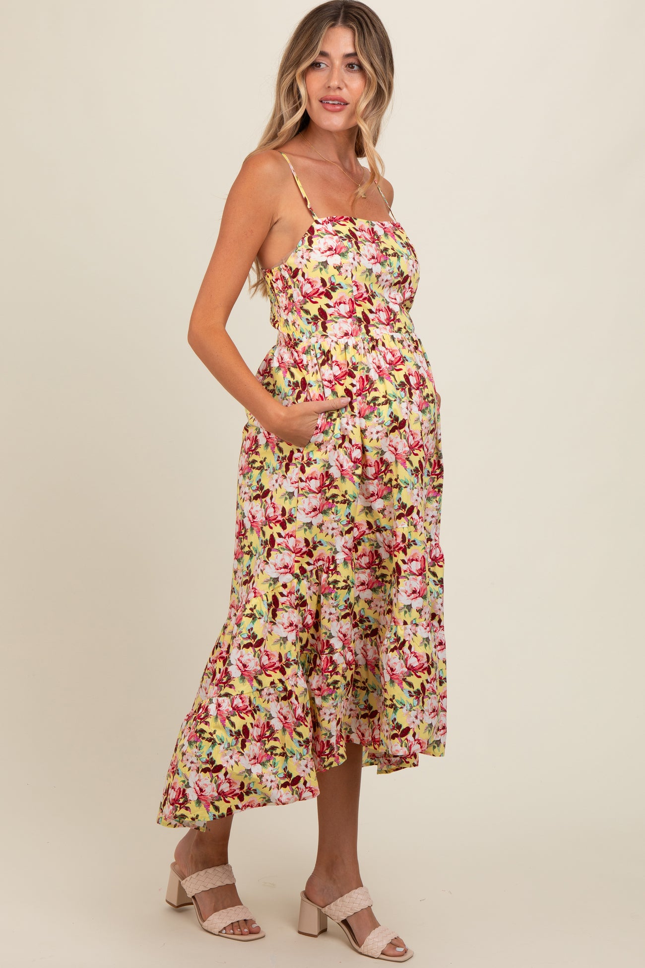 Yellow Floral Tiered Hi-Low Maternity Midi Dress