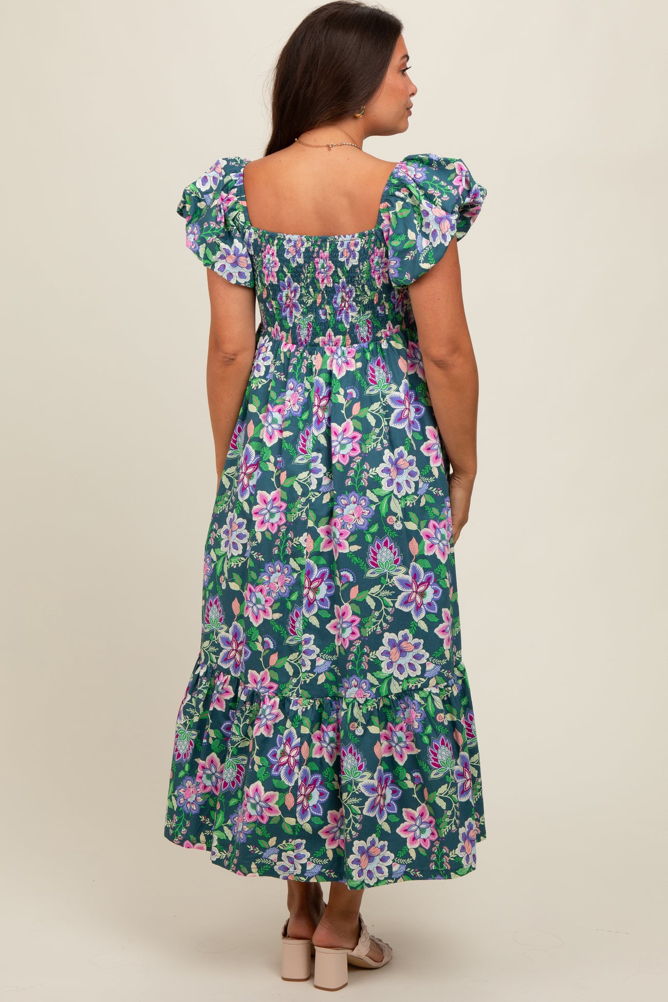 Green Floral Square Neck Puffy Sleeves Maternity Dress
