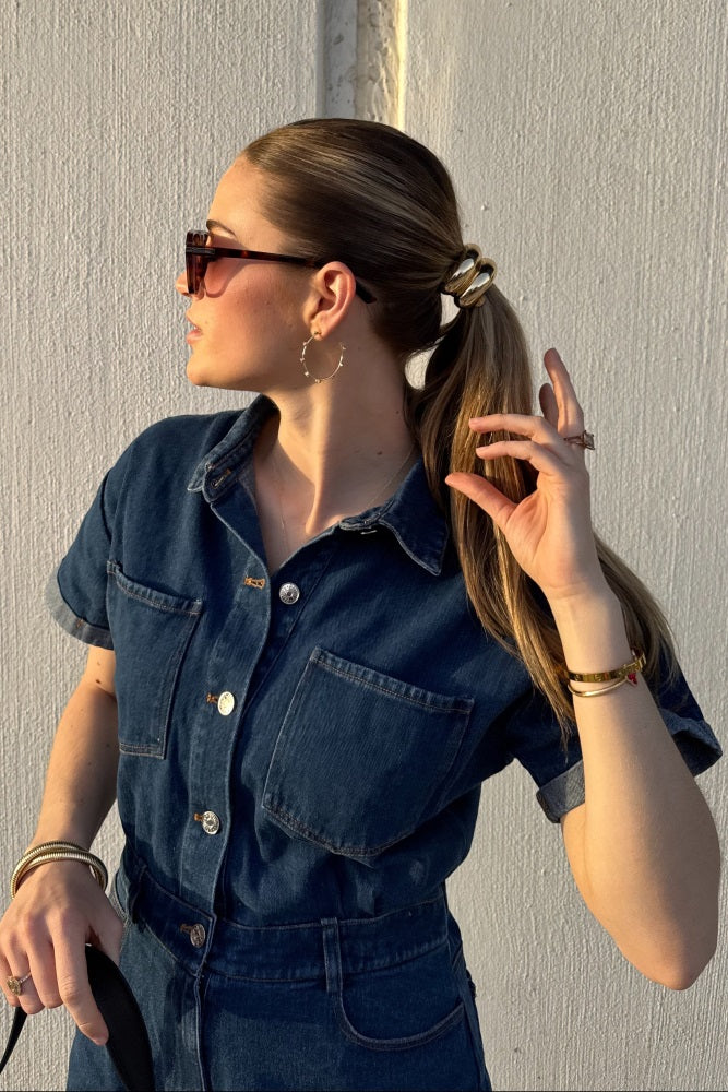 Medium Denim Button Down Shirt Romper