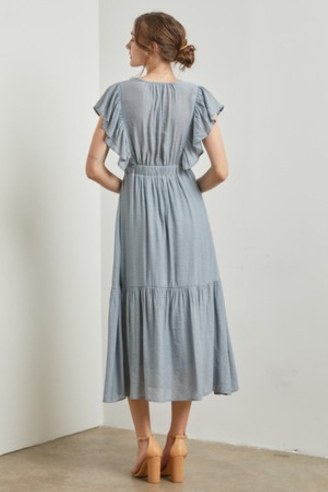 Light Blue Cuffed Sleeve Front Tie Maxi Dress