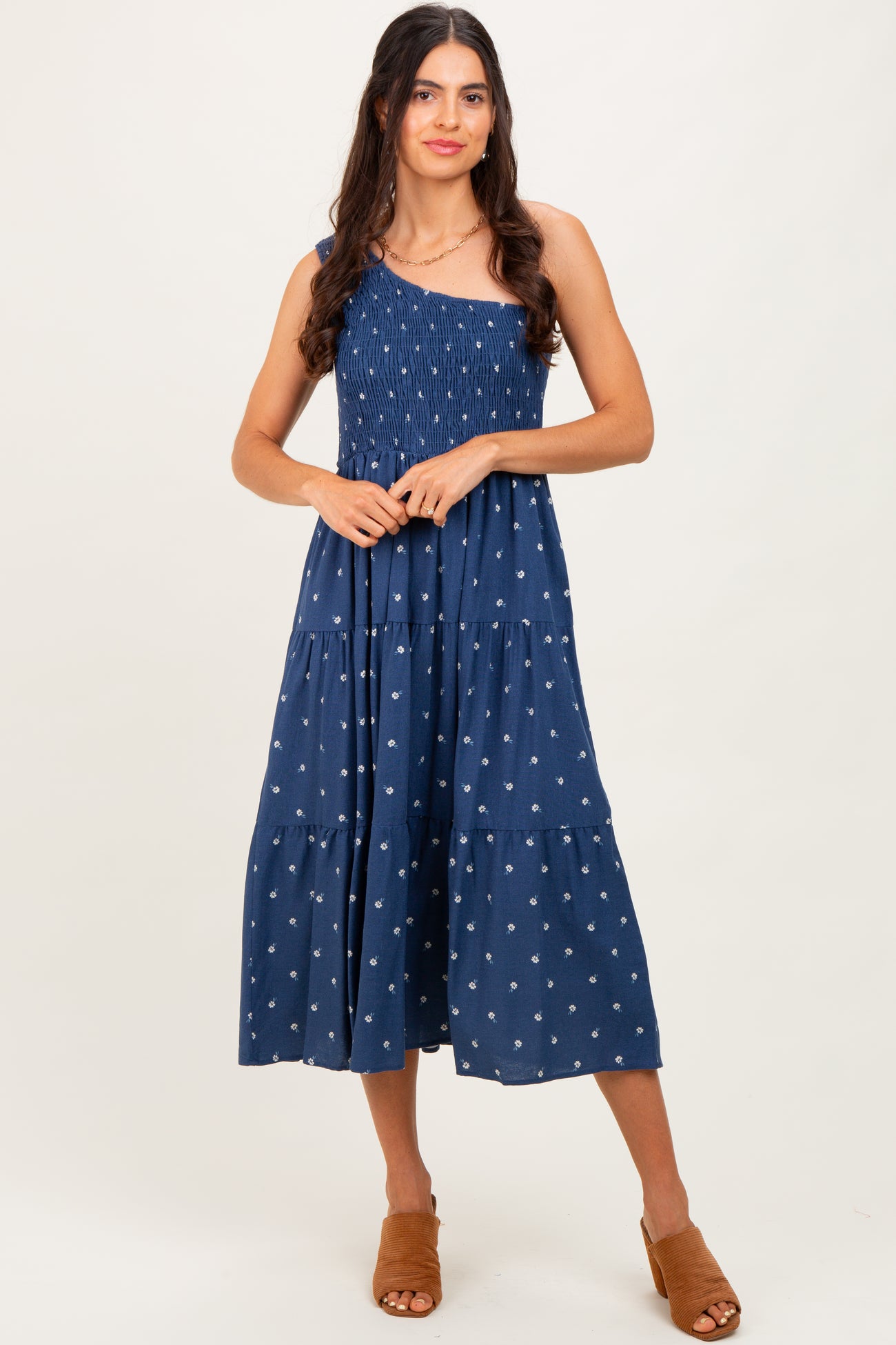 Navy Blue Floral Linen Smocked One Shoulder Tiered Midi Dress