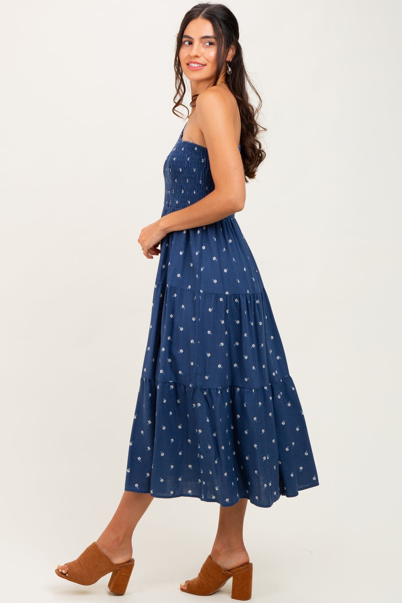 Navy Blue Floral Linen Smocked One Shoulder Tiered Midi Dress