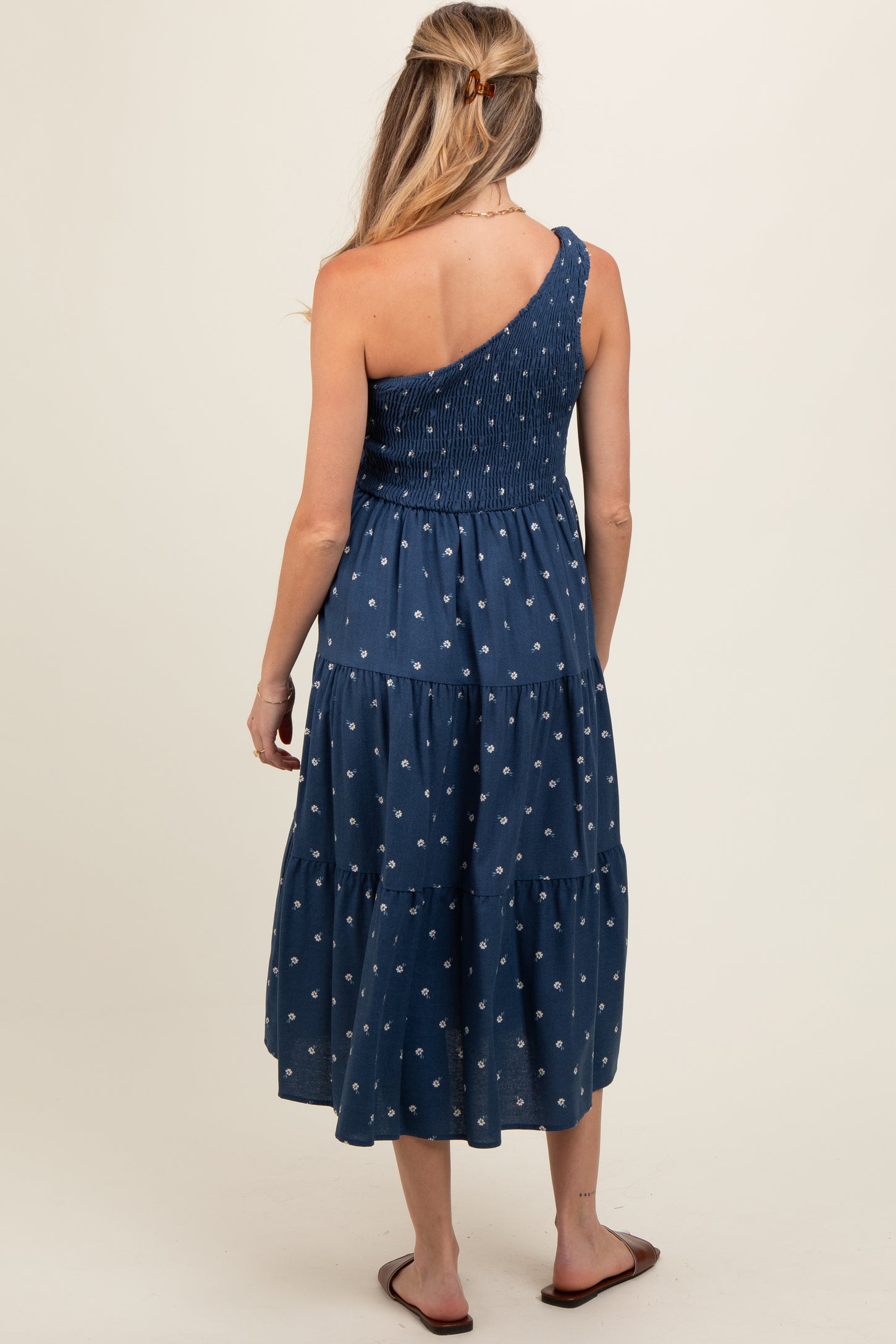 Navy Blue Floral Linen Smocked One Shoulder Tiered Maternity Midi Dress
