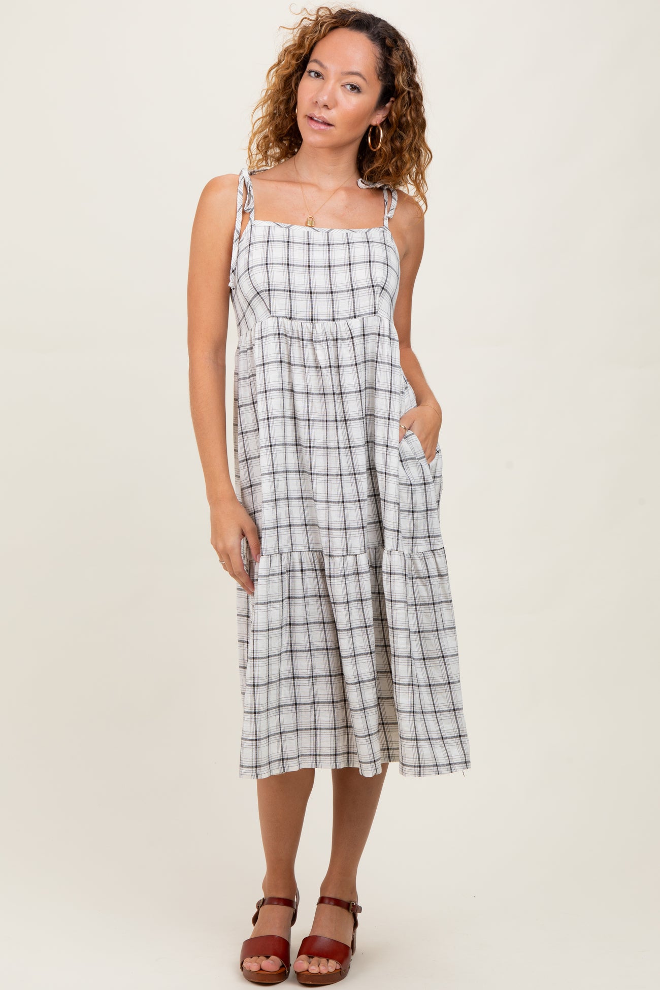 Ivory Plaid Shoulder Tie Midi Dress