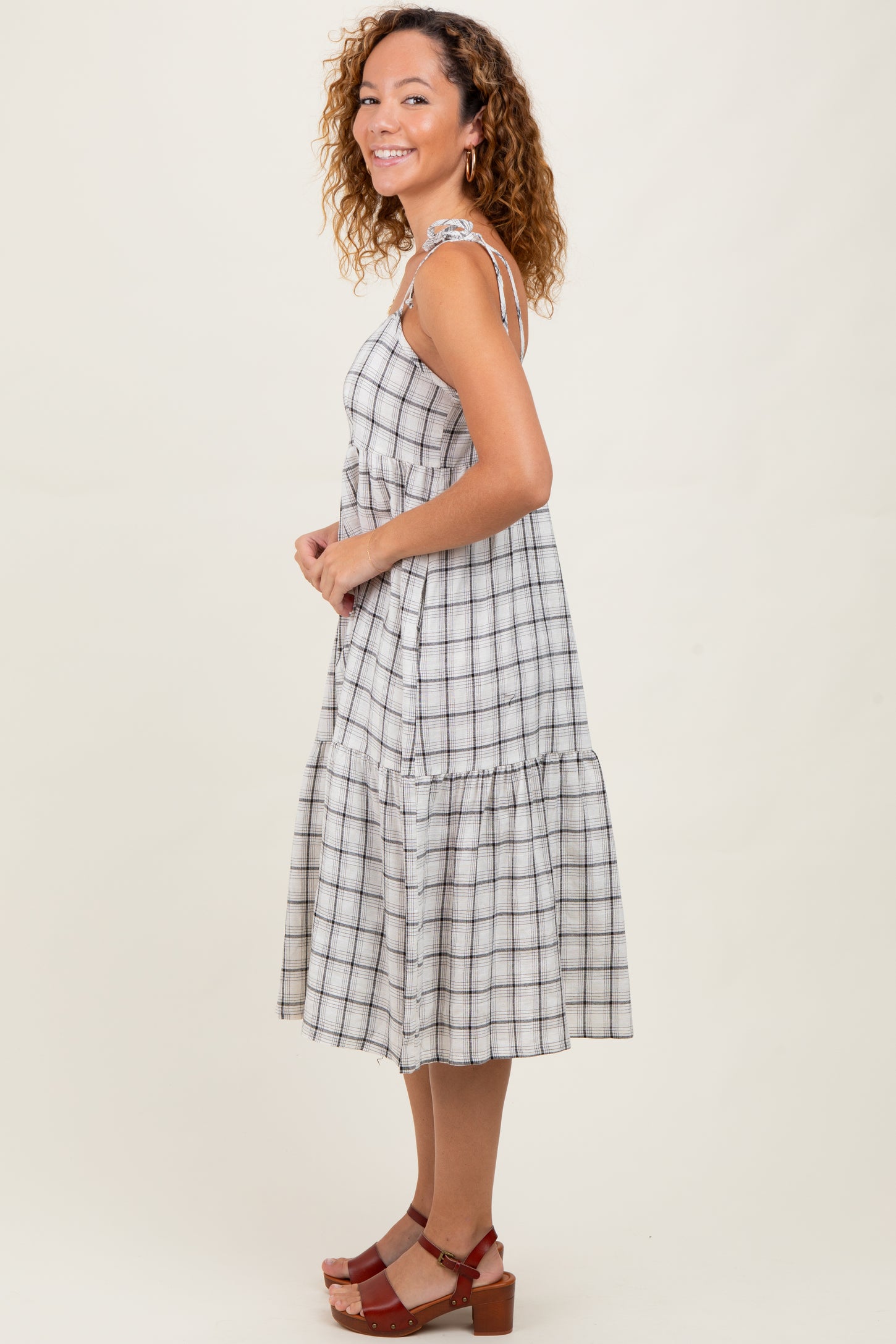 Ivory Plaid Shoulder Tie Midi Dress